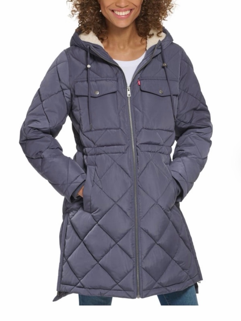 Levi's Women's Quilted Hooded Puffer Coat in Blue with Sherpa Lining
